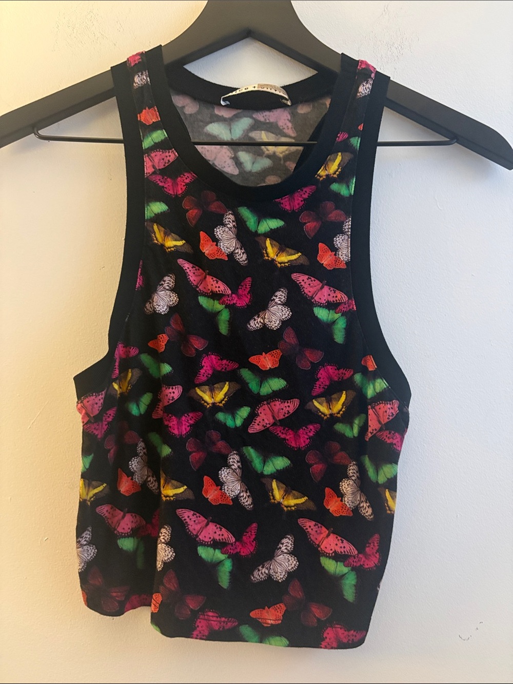 Alice + Olivia Black Tank Top with Multicolor Butterfly Motif